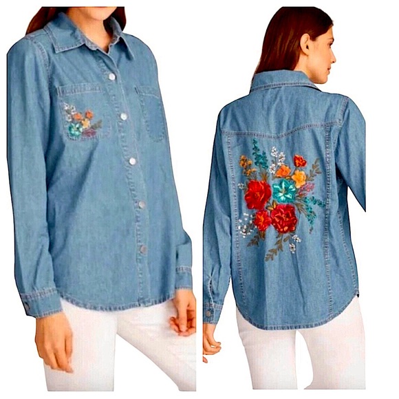 DRIFTWOOD Tops - Driftwood Shayna Whispering 100% Cotton Embroidered Denim Shirt Size M NEW